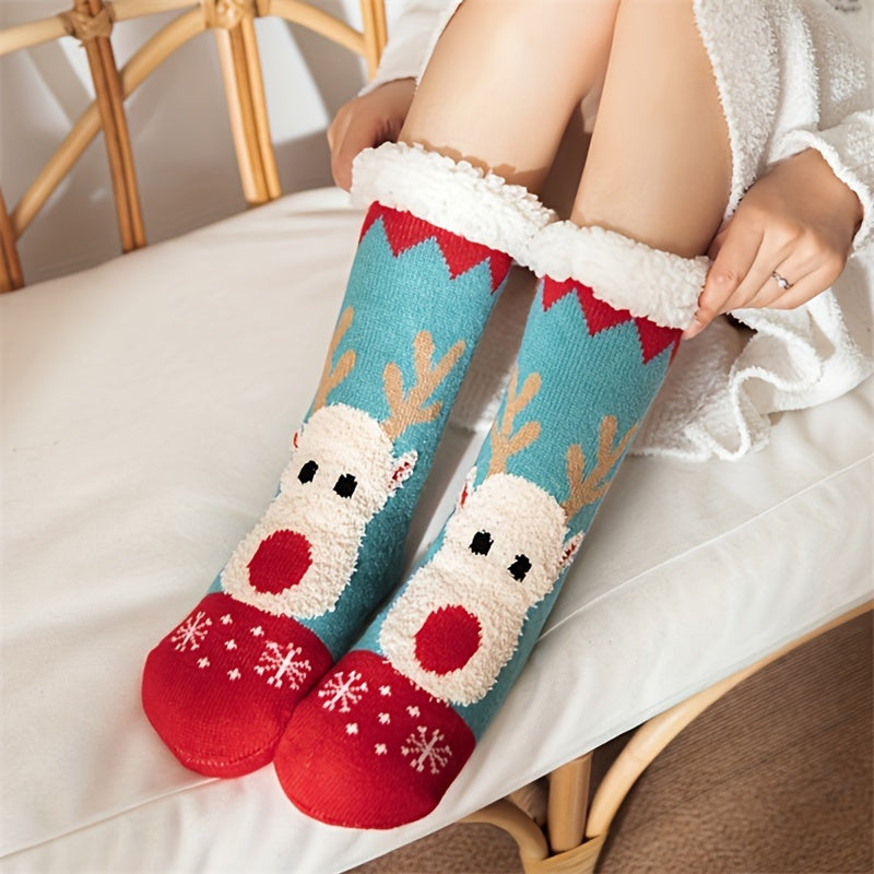 Christmas Elk Pattern Socks Warm Plush Lined Home Socks Women's Stockings