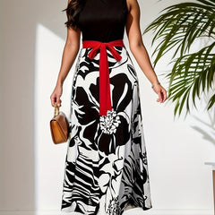  Colorblock Floral Print Tank Dress With Belt