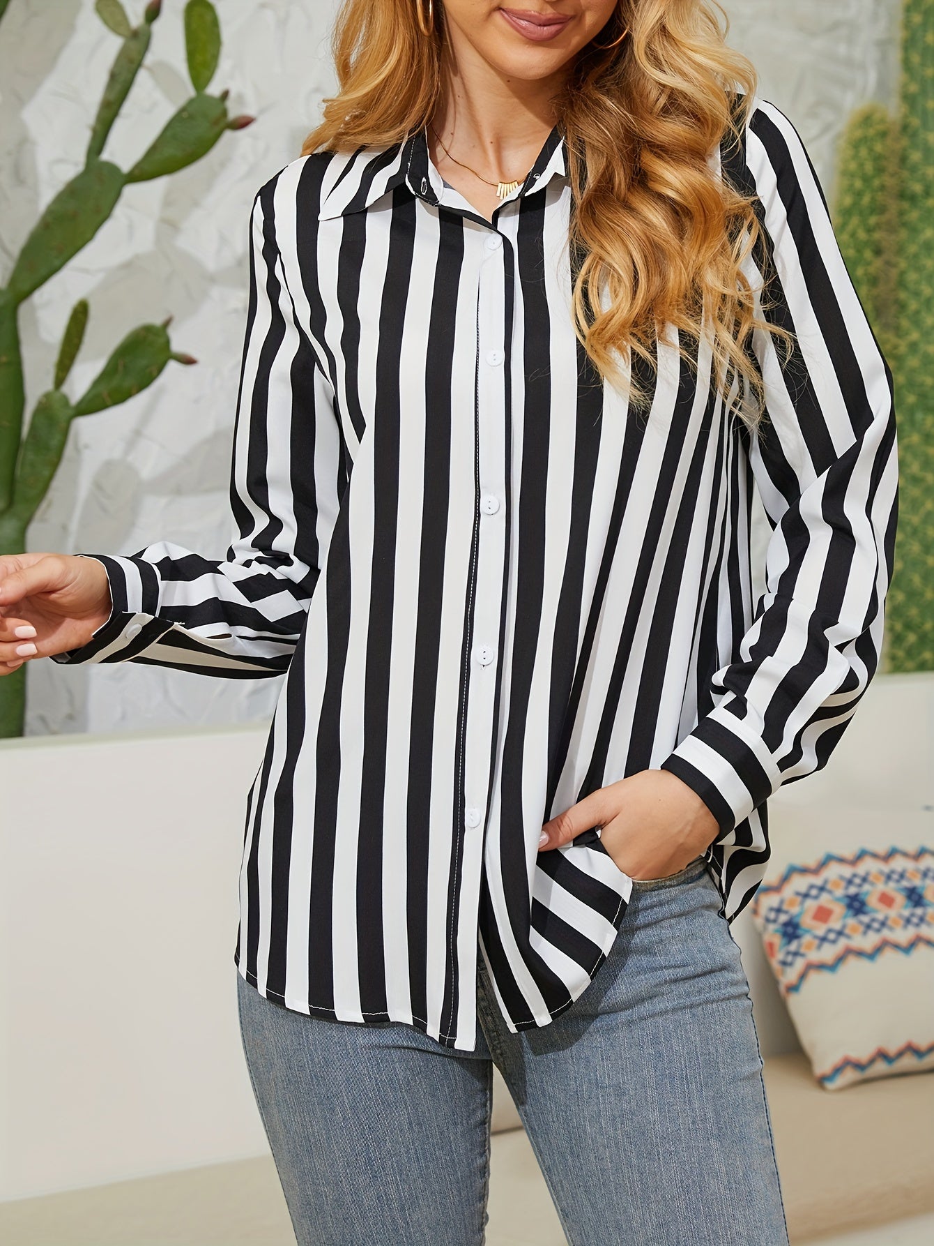  Stripe Print Button Up Long Sleeve Collar Shirt Top