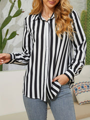  Stripe Print Button Up Long Sleeve Collar Shirt Top
