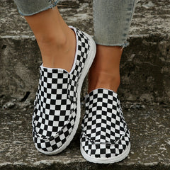 Women's Checkered Canvas Slip On Shoes Lightweight Casual Flat Walking Shoes