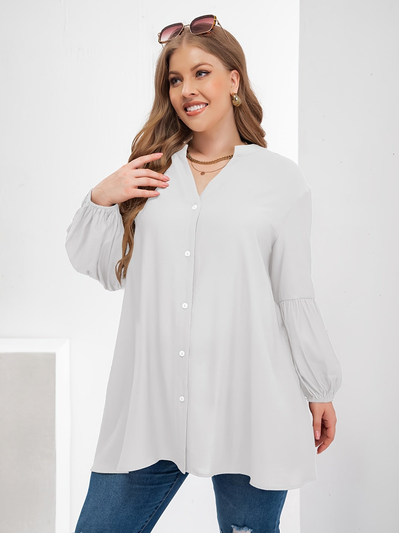  Puff Sleeve V Neck Button Front Blouse