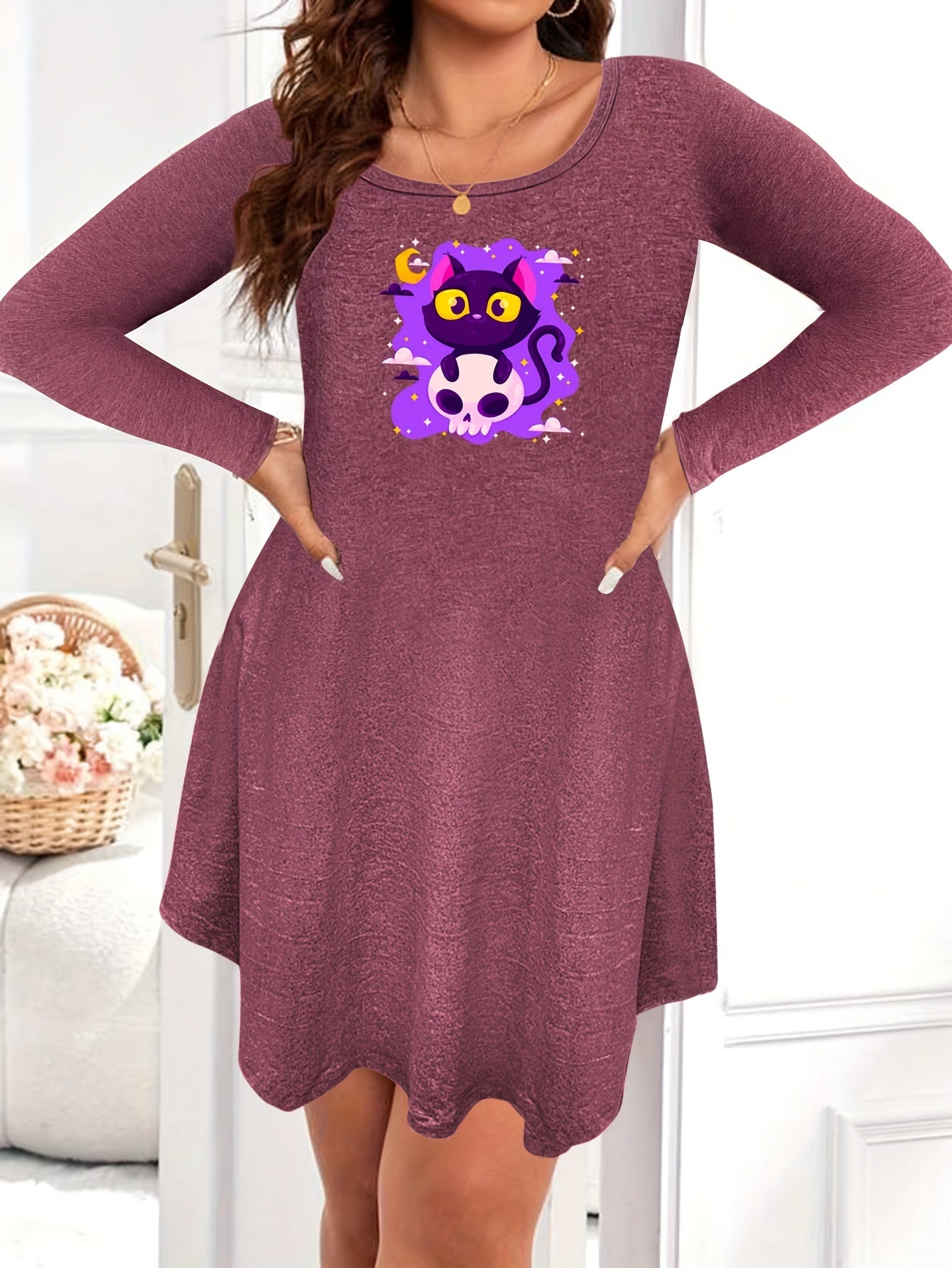  Cat & Skull Print Nightdress Long Sleeve Round Neck Sleep Dress