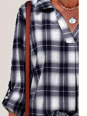  Plaid Print Roll Up Long Sleeve V Neck Blouse