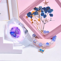 Girls' Silicone Strap Pointer Watch Set Butterfly Quartz Wristwatch