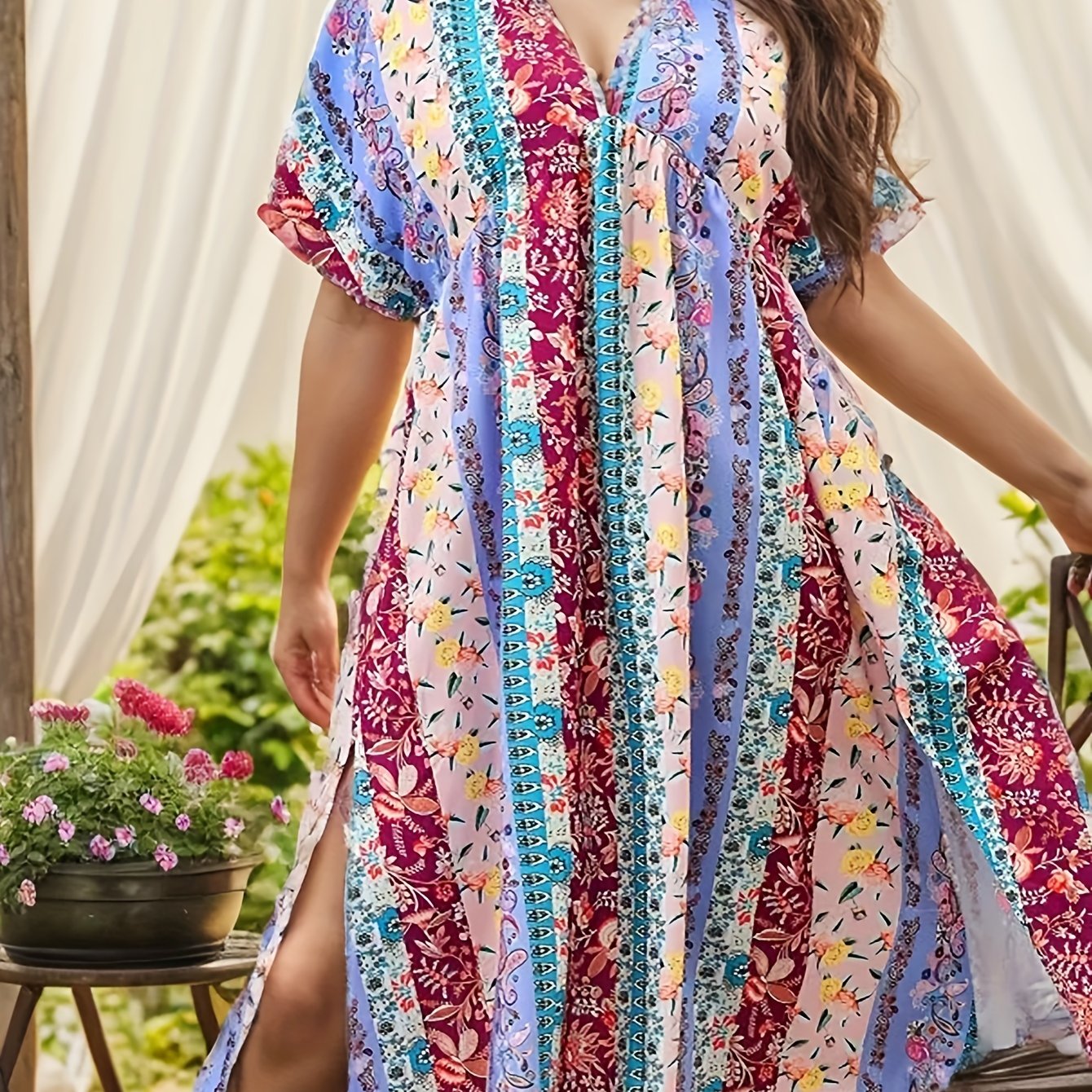  Boho Dress Women's Plus Patchwork Print Batwing Sleeve V Neck