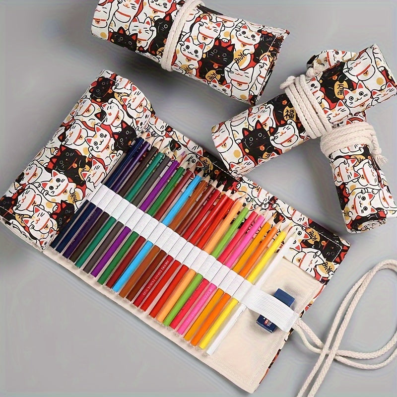 Lucky Cat Canvas Art Pen Curtain Pencil Case Large Capacity Storage Bag