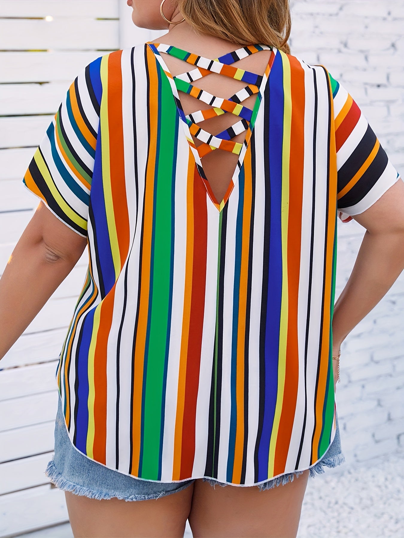  Colorblock Stripe Print Short Sleeve Top