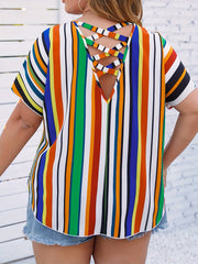  Colorblock Stripe Print Short Sleeve Top