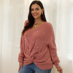  Women's Faux Pearl Twist Front V Neck Sweater