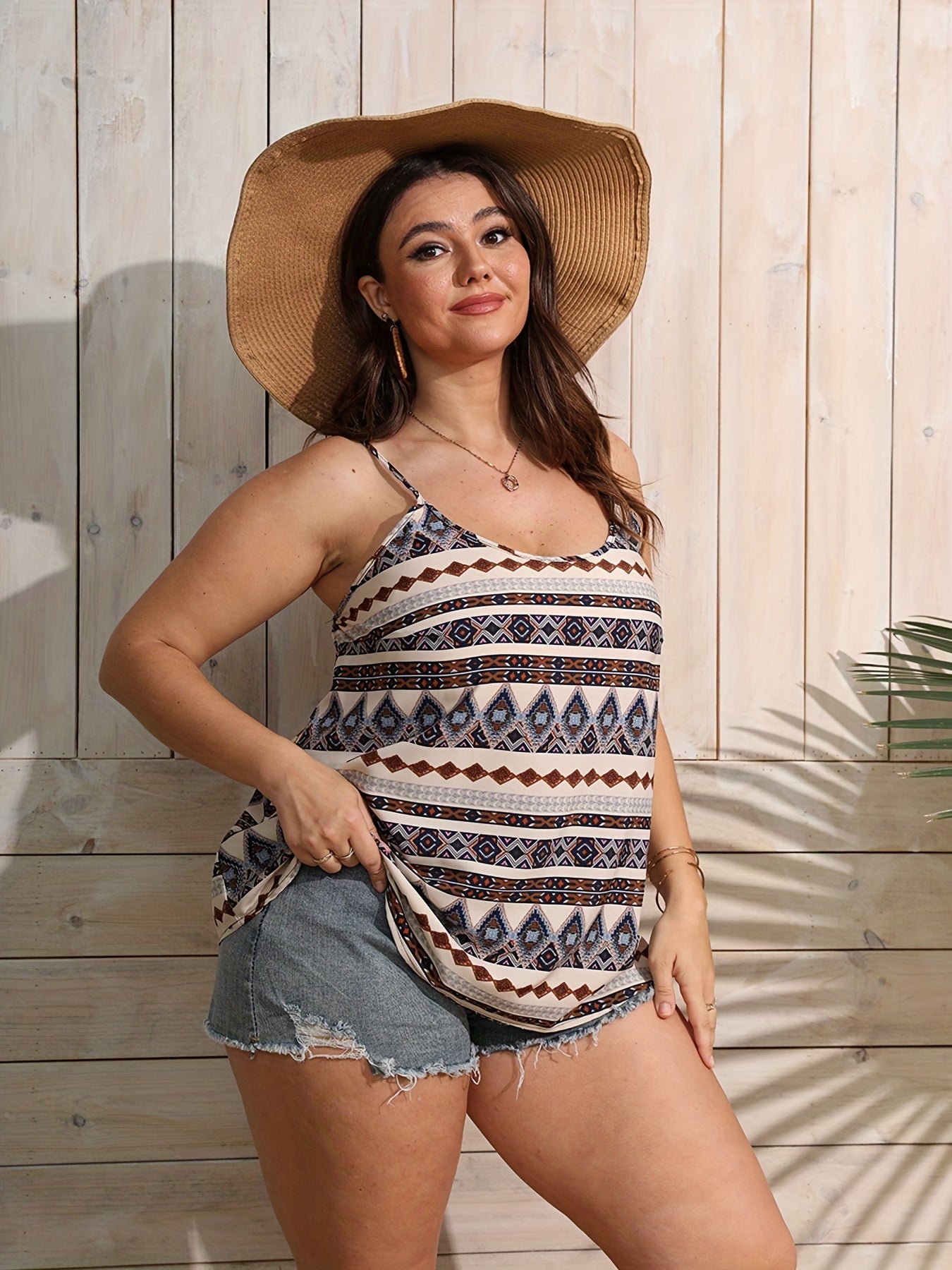 Boho Cami Top Tribal Print Round Neck Medium Stretch