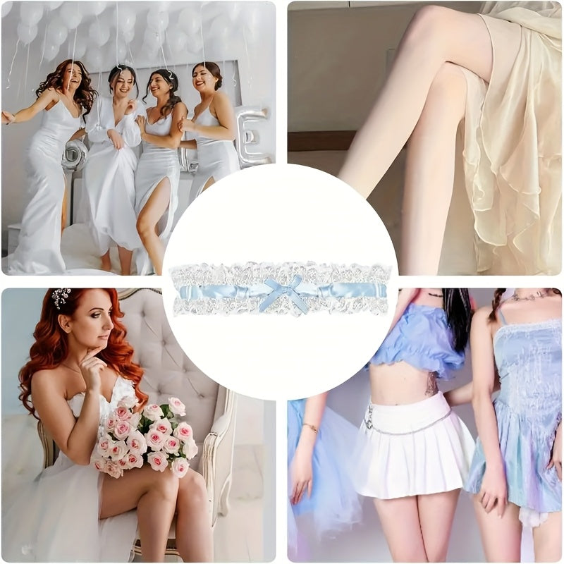 2pcs Elastic Bridal Garter w/ Bow & Lace Trim for Weddings & Showers Ideal Gift