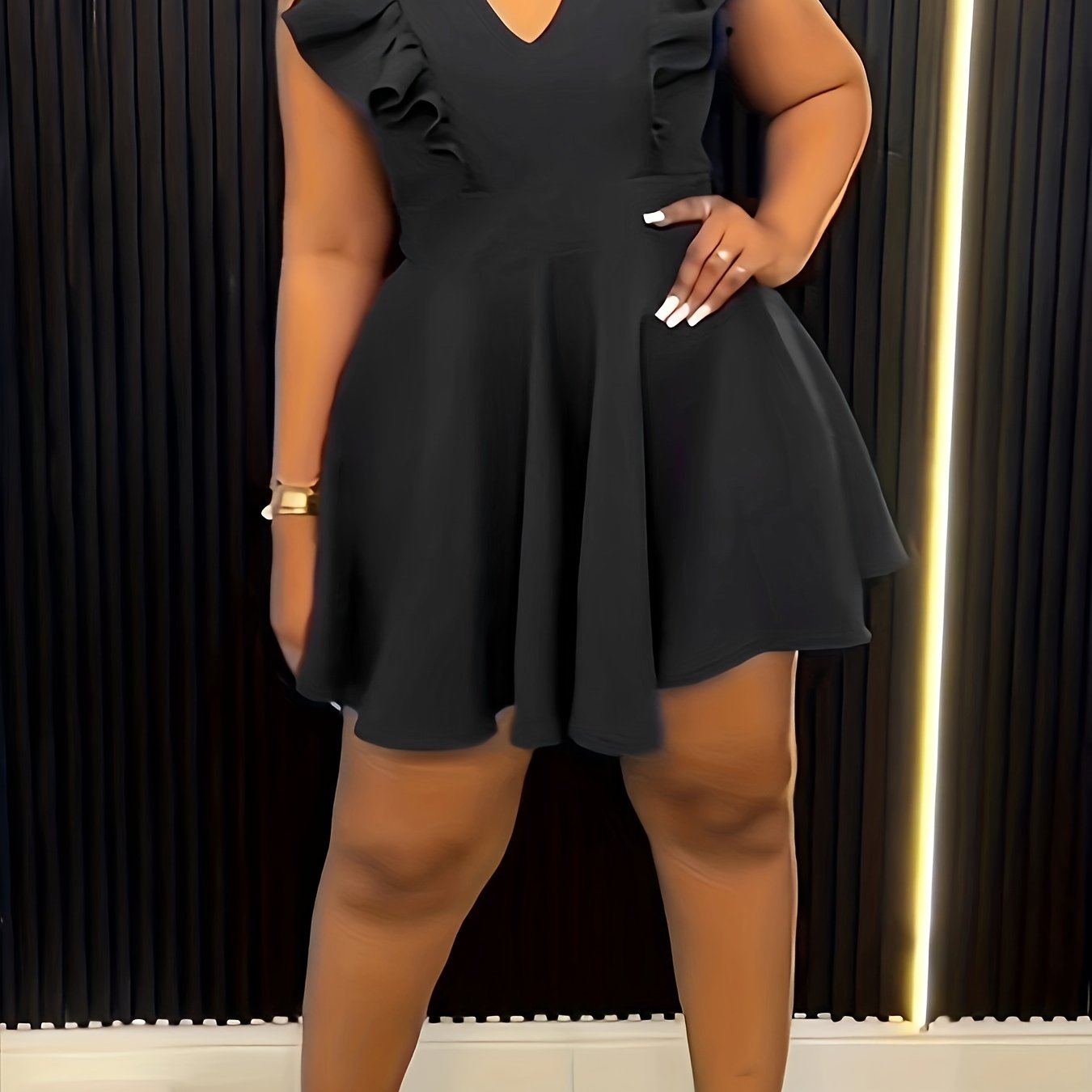  Solid Ruffle Trim V Neck Mini Dress