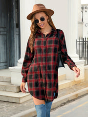  Plaid Print Long Sleeve Button Up Tunic Shirt Top