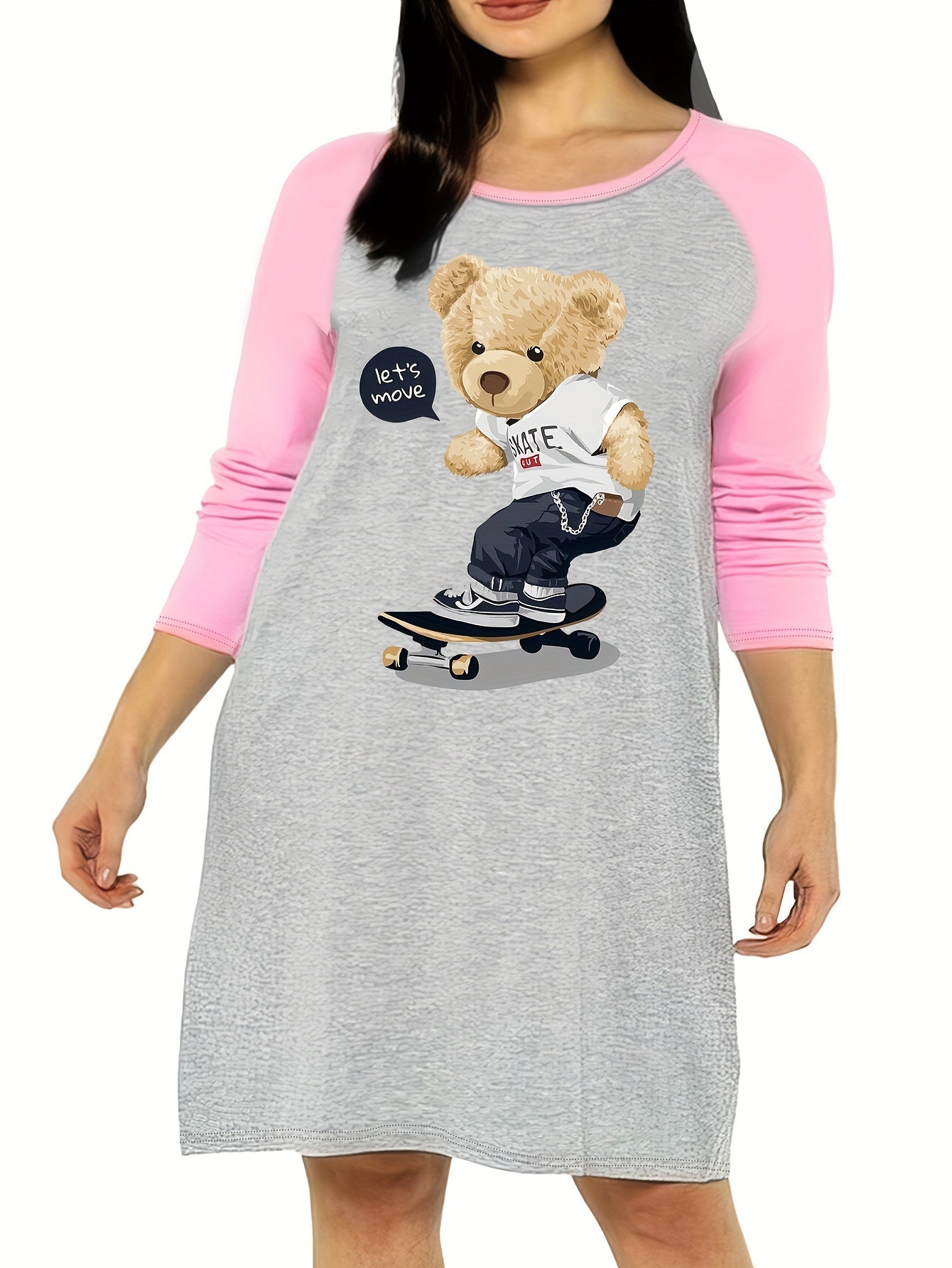  Nightdress Women's Teddy Bear & Skateboard Print Raglan Sleeve Tee