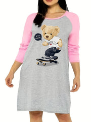  Nightdress Women's Teddy Bear & Skateboard Print Raglan Sleeve Tee