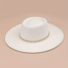 Classic Chain Decor Felt Hat Flat Brim Top Hats Solid Trilby Hat