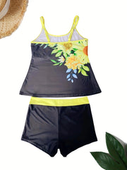  Sunflower Print Tankini Set - Top & Shorts