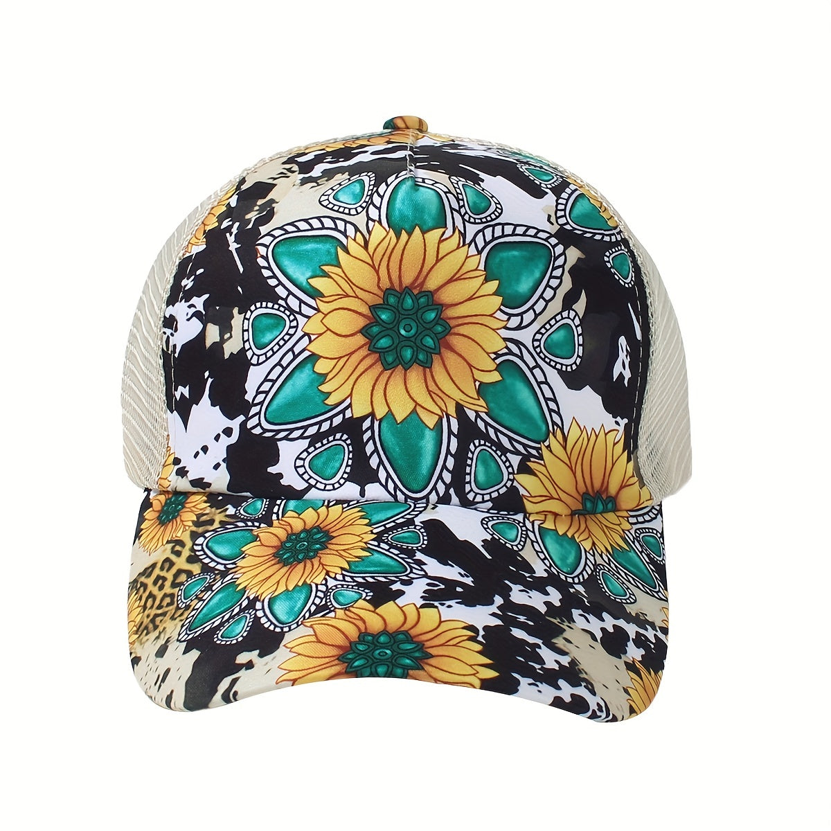Sunflower Print Ponytail Trucker Hat Adjustable Baseball Cap Mesh Breathable Sun