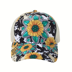 Sunflower Print Ponytail Trucker Hat Adjustable Baseball Cap Mesh Breathable Sun