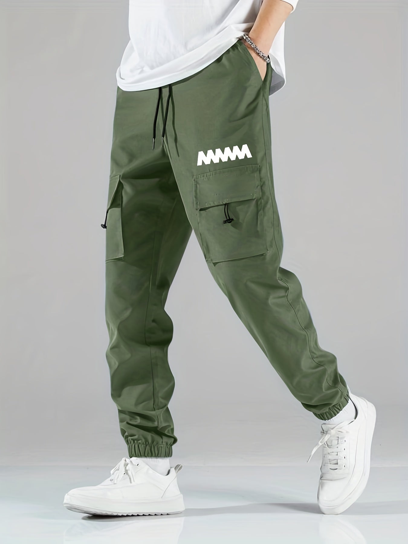 Wave Print Cargo Pants Men's Flap Pocket Trousers