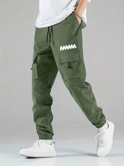Wave Print Cargo Pants Men's Flap Pocket Trousers