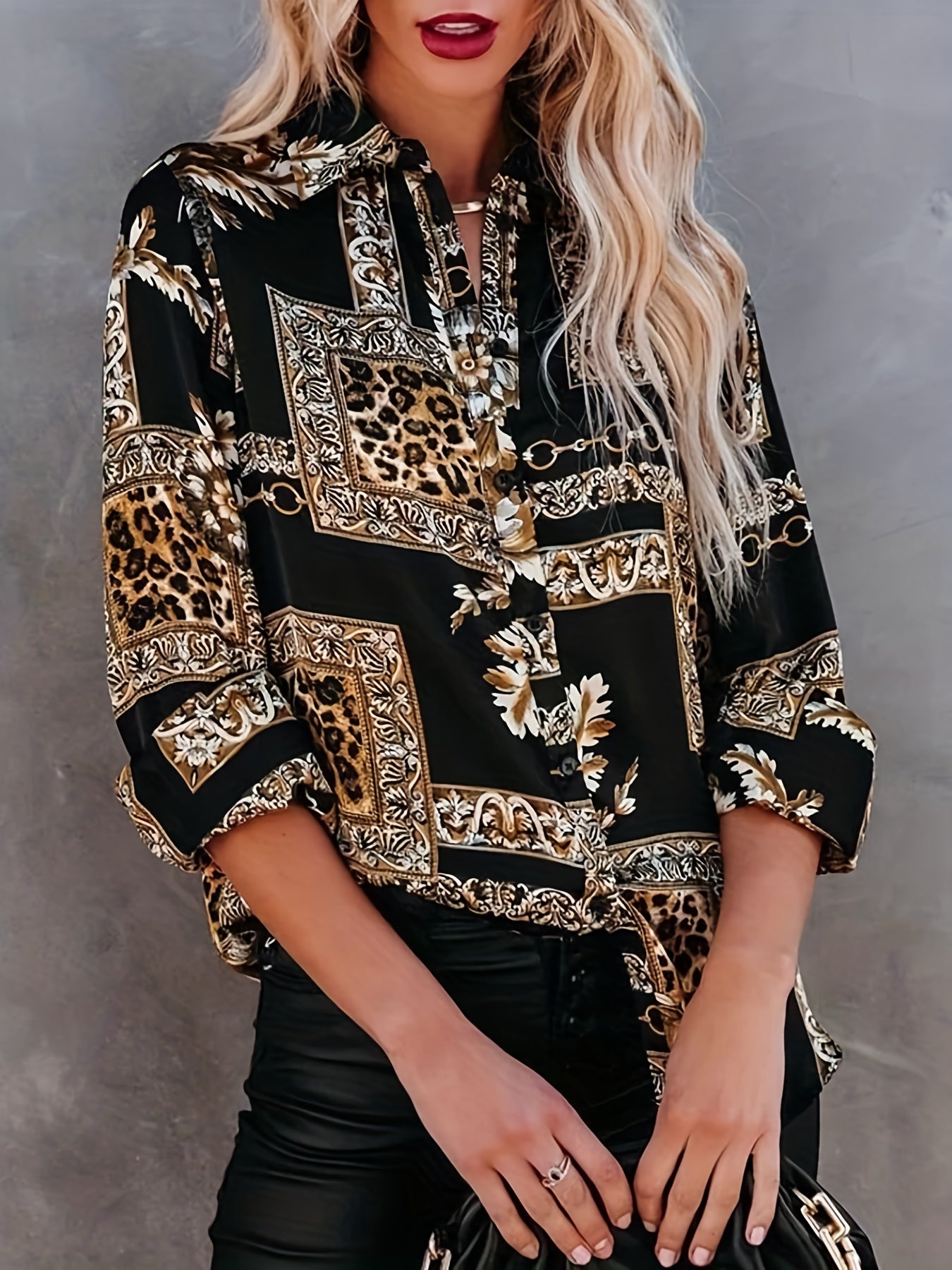  Retro Blouse Women's Leopard & Chain Print Button Up Shirt