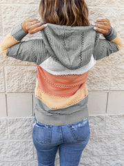  Colorblock Lace Up Hooded Sweater Long Sleeve Pullover Top