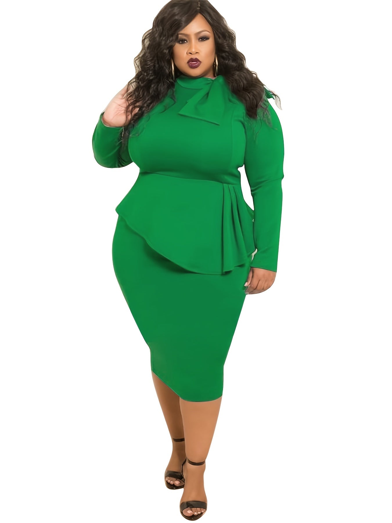 Solid Knot Long Sleeve Midi Dress Women's Plus Dress