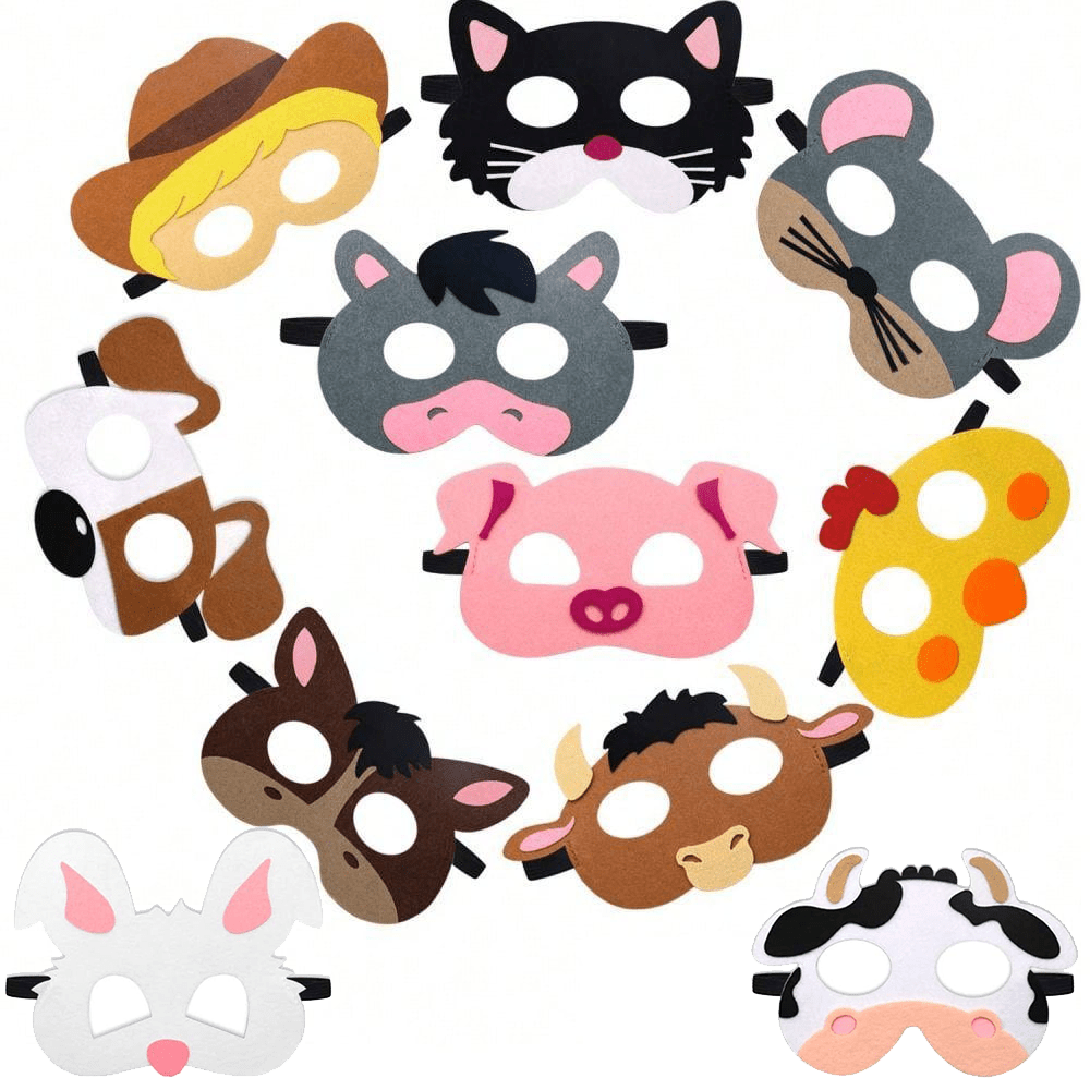 12pcs Felt Farm Animal Masks Assorted Barnyard Animal Designs