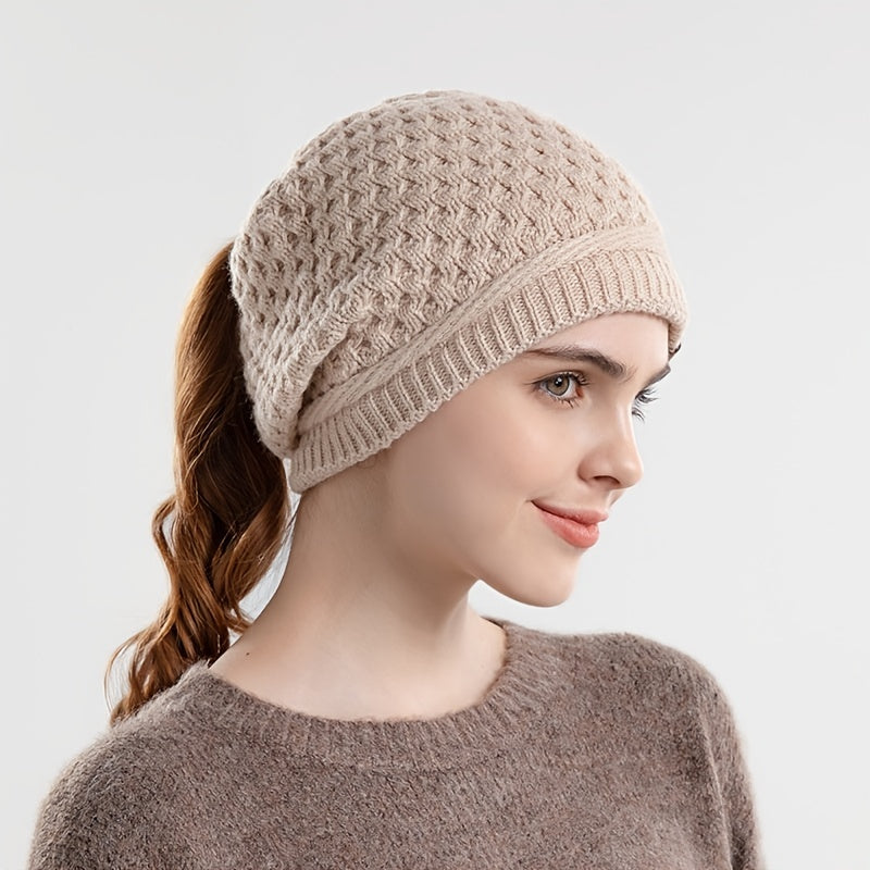 Warm Ear Protection Beanie Hat with Horse Tail Hole