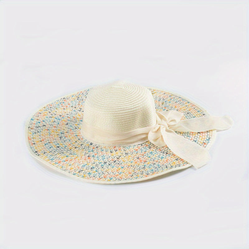 Boho Straw Sun Hat with Ribbon Bowknot for Women