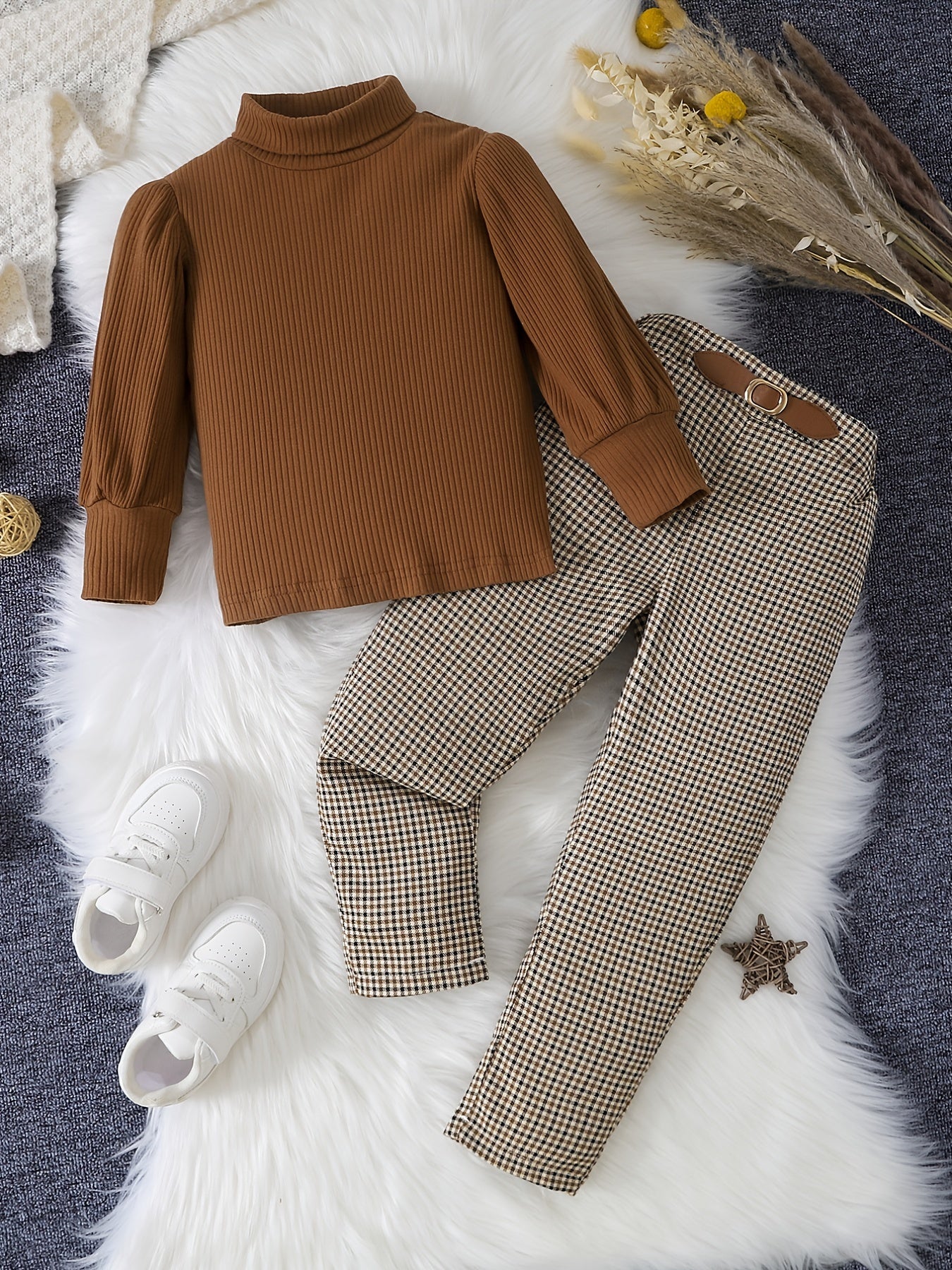 Girl's Ribbed Turtleneck Top & Plaid Pants Set for Spring Fall