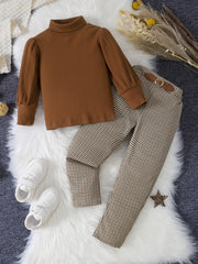 Girl's Ribbed Turtleneck Top & Plaid Pants Set for Spring Fall