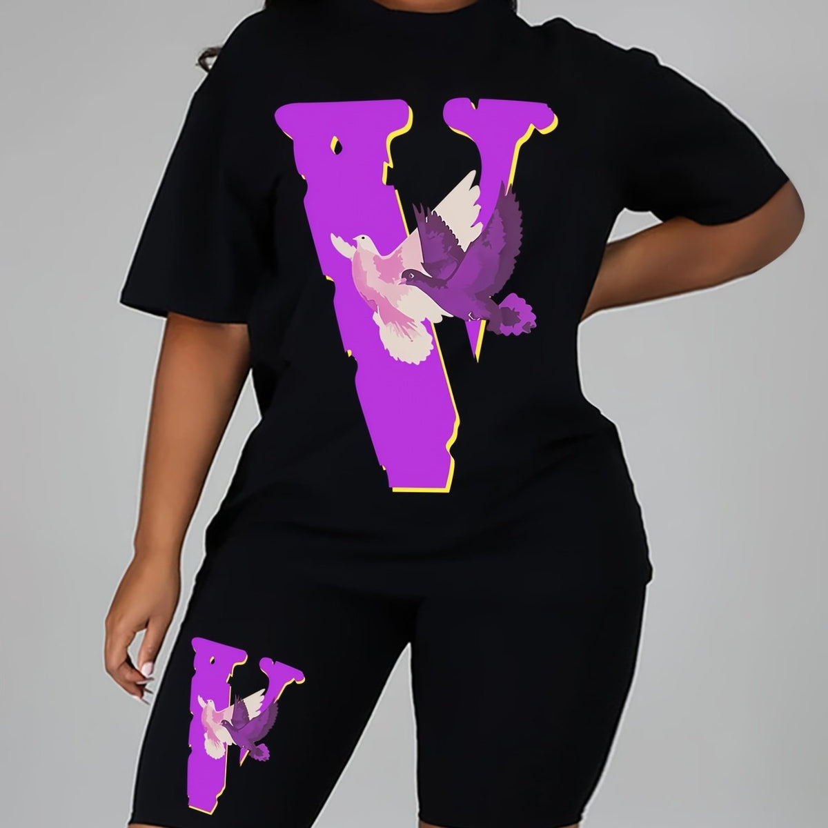 Women's Plus Letter & Pigeon Print Tee & Shorts Outfits 2pcs Set