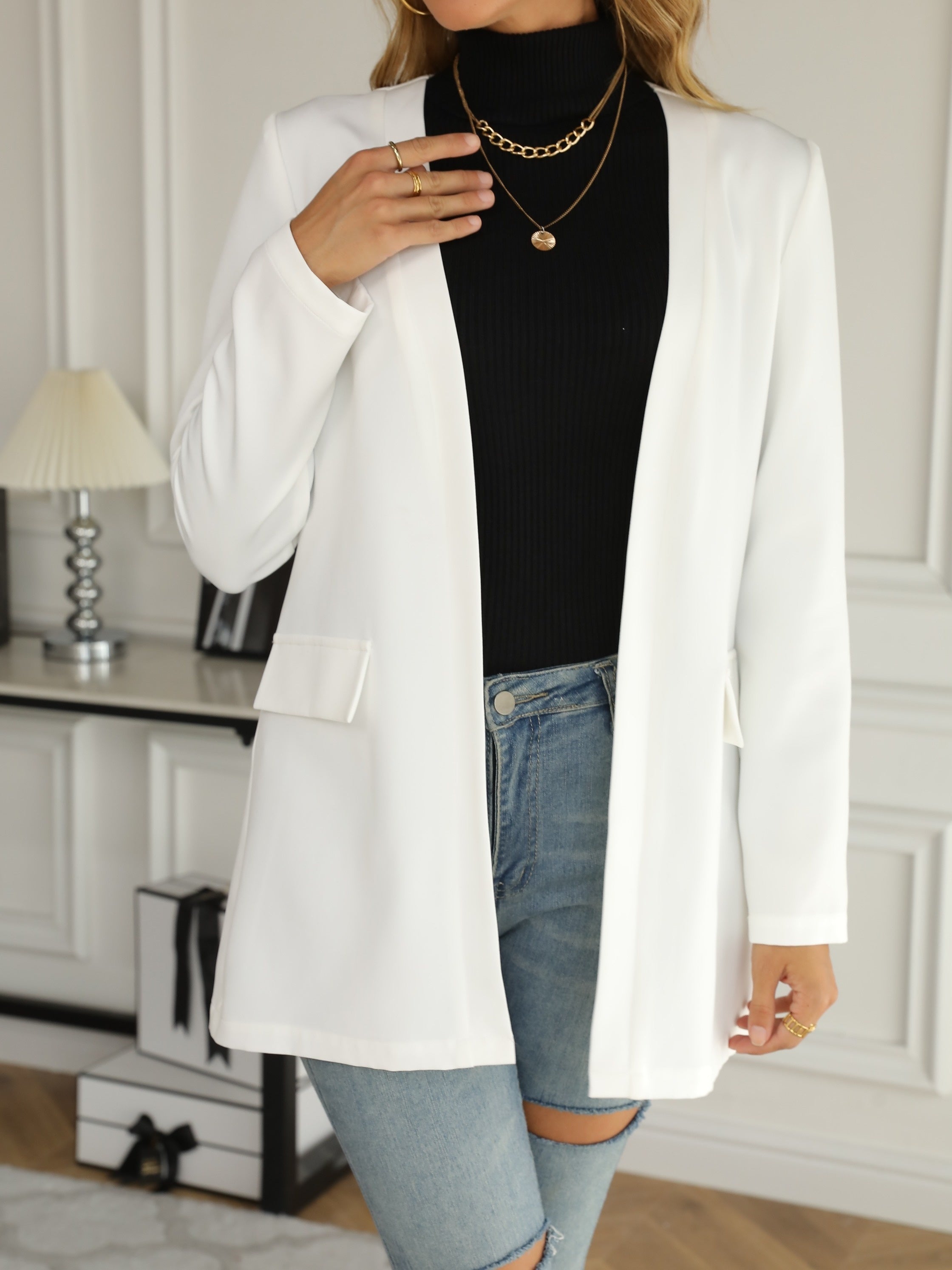  Solid Long Sleeve Open Front Blazer