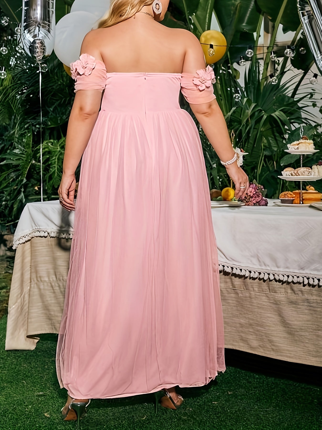  Mesh Off Shoulder Floral Maxi Bridesmaid Dress
