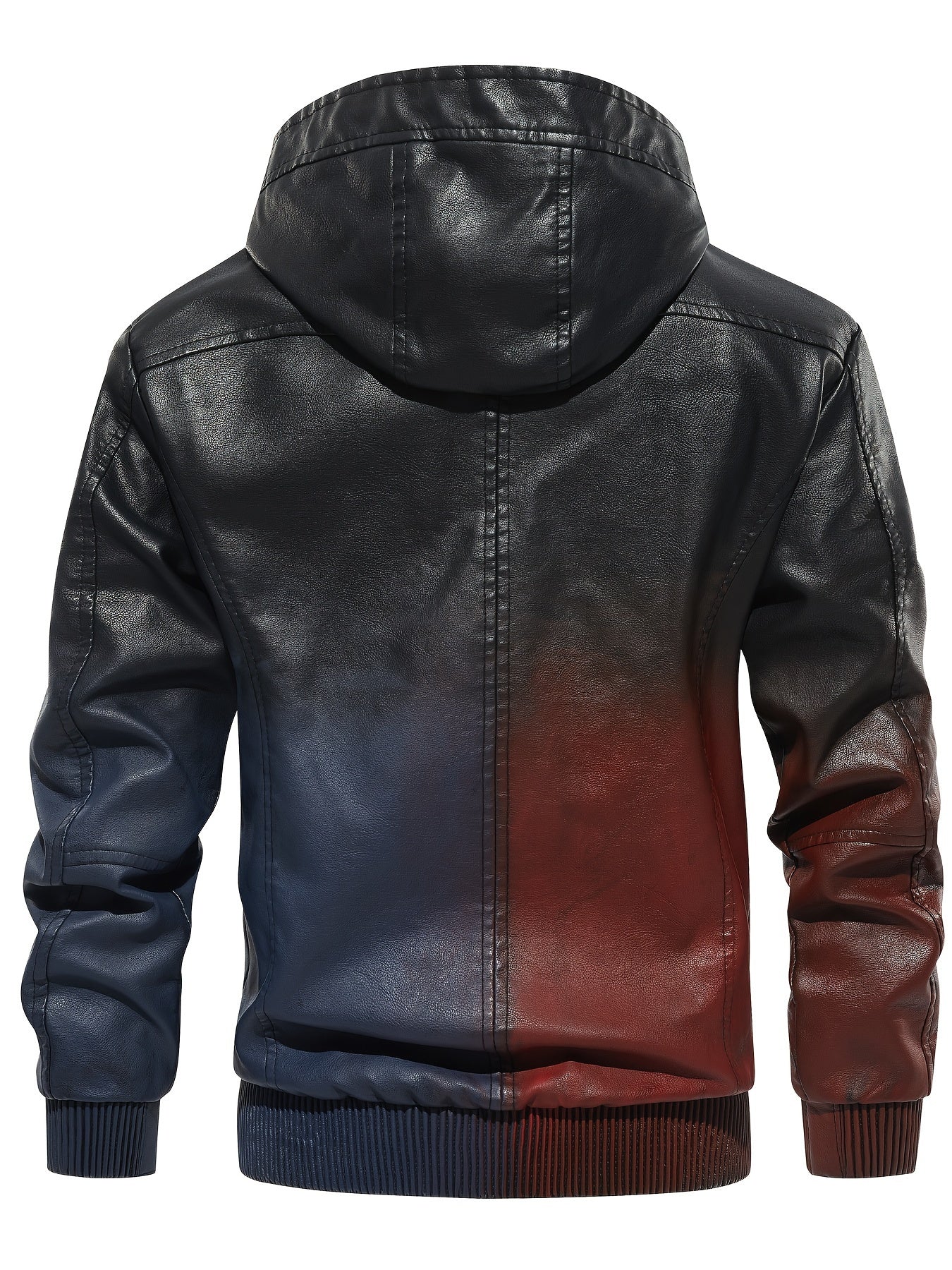 Men's Gradient Pu Leather Hooded Jacket Zip Up Windproof Jacket