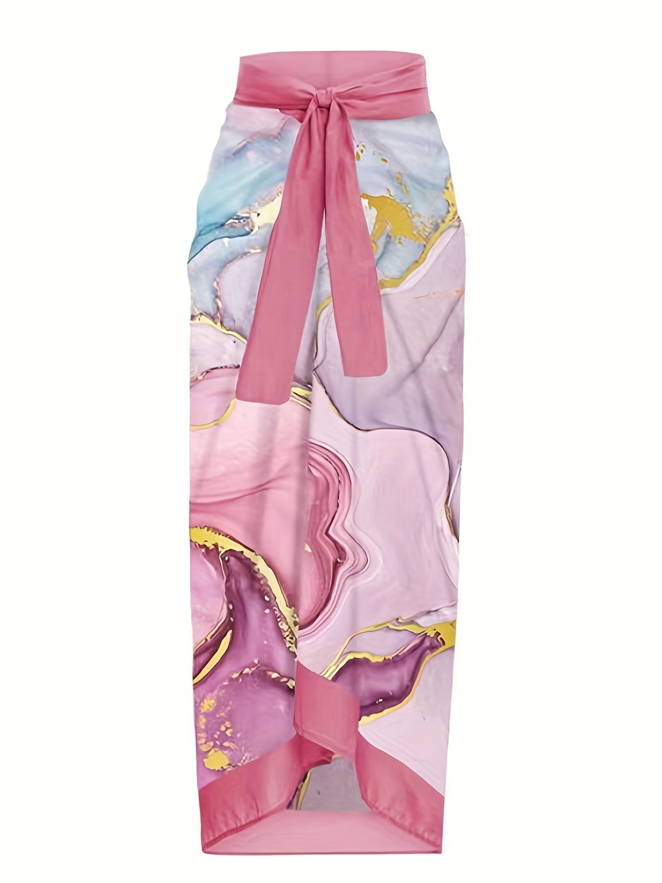 Marble Print Tie Shoulder Bodysuit & Knot Skirt Bathing Suit Set