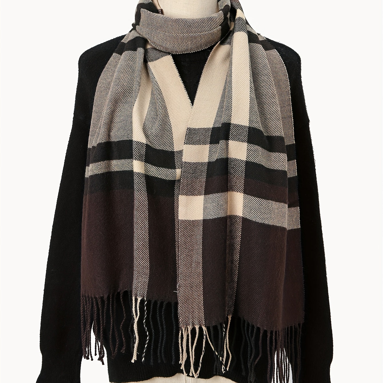 Geometric Plaid Scarf Unisex Warm Sunscreen Scarf Windproof Fringed Shawl