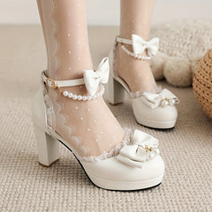 Women's Platform High Heels Bowknot Lace Faux Pearl Ankle Strap Chunky Heels