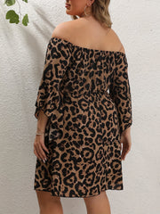  Leopard Print Off Shoulder Bell Sleeve Dress