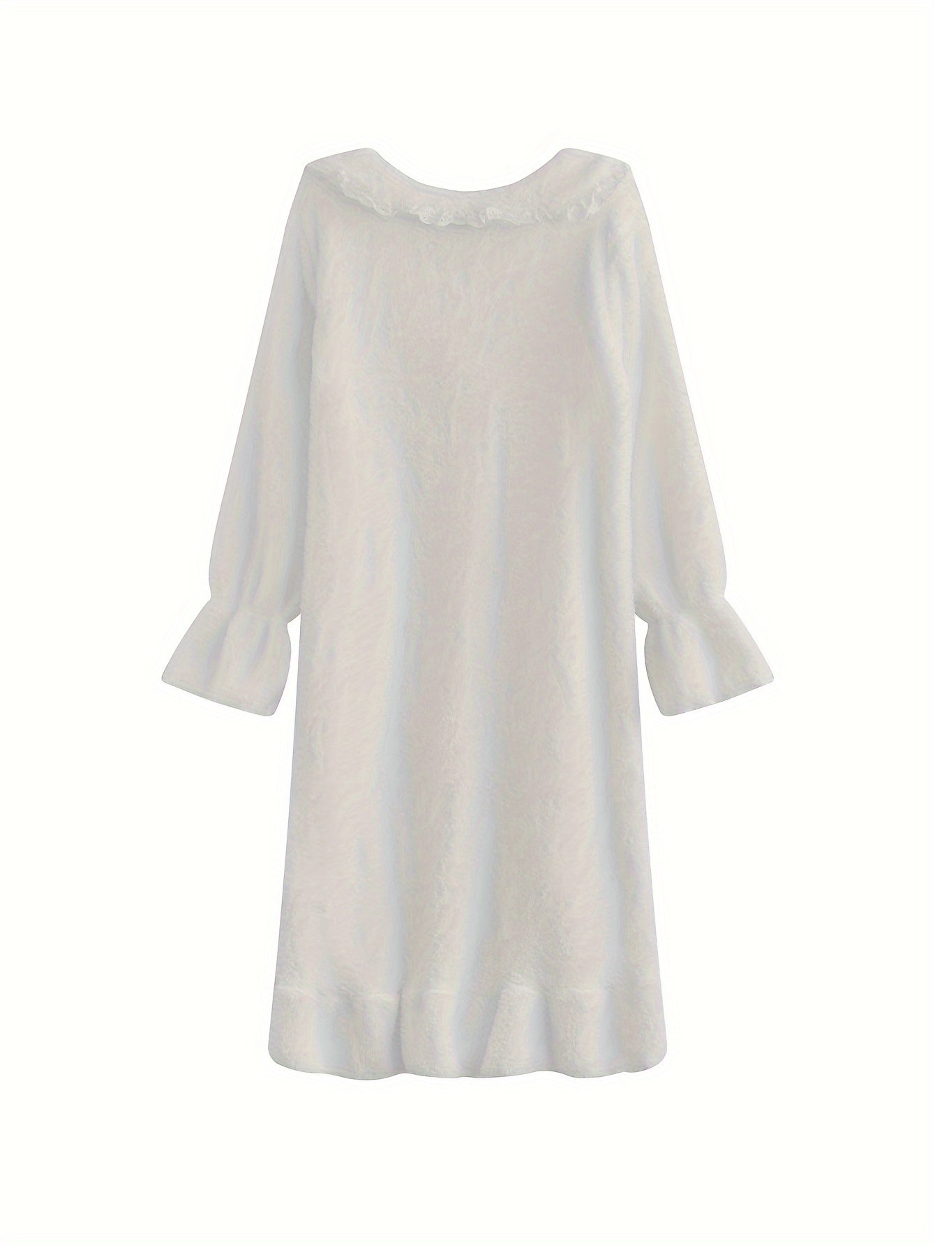 Fuzzy Ruffle NightDress Long Sleeve Bow Pajama Dress Women's Sleepwear