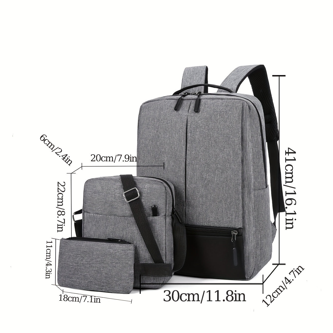 3pcs Men's Backpack Crossbody Bag Set With USB Charging Port
