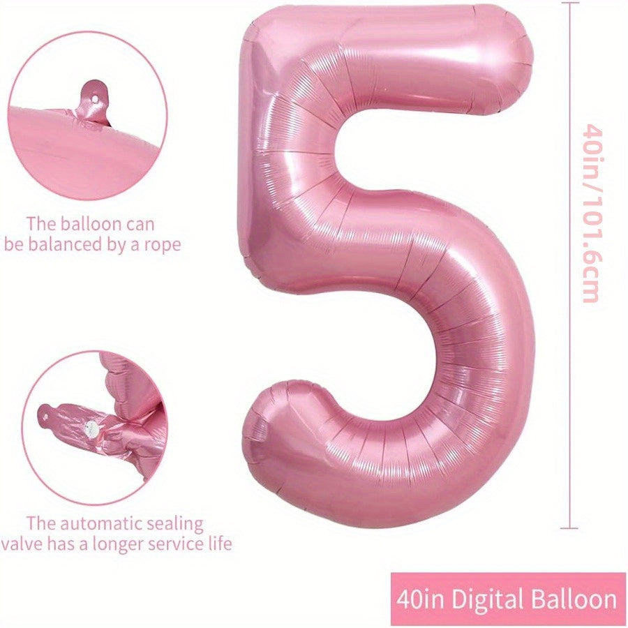 40 Inch Macaron Pink Number Balloons 0-9 with Ribbon & Straw