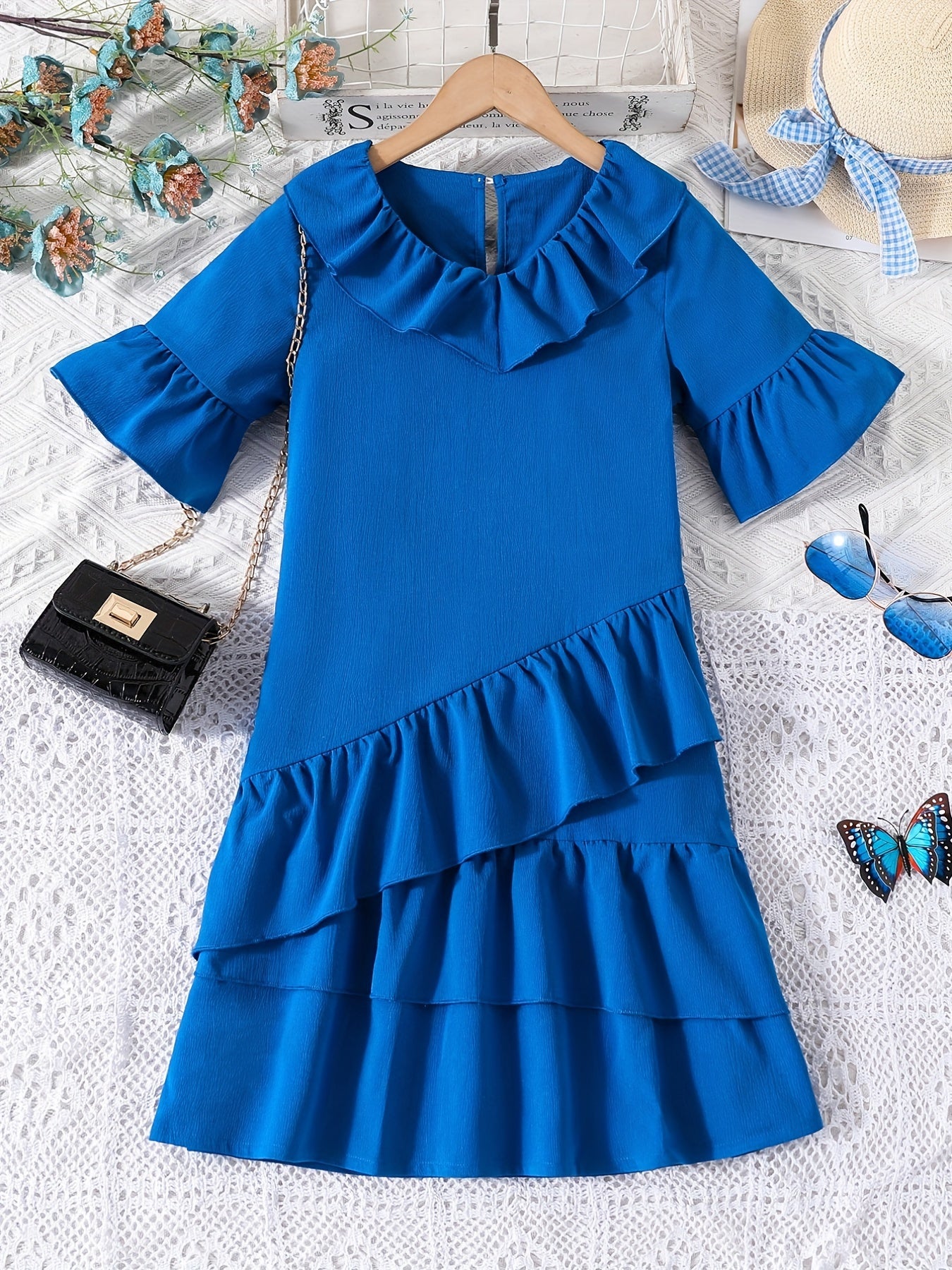 Kid Girls' V-Neck Ruffle Fringes Dress Short Sleeve