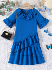 Kid Girls' V-Neck Ruffle Fringes Dress Short Sleeve