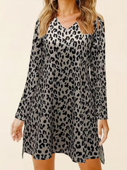  Leopard Print Long Sleeve V Neck Dress