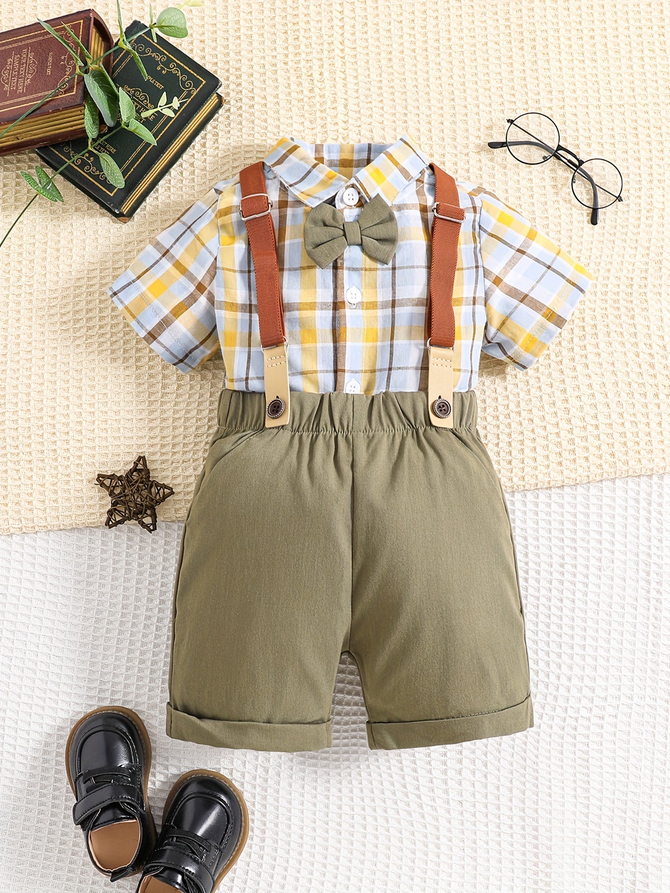 Baby Boy Gentleman 2pcs Set Plaid Shirt & Bib Pants Outfit