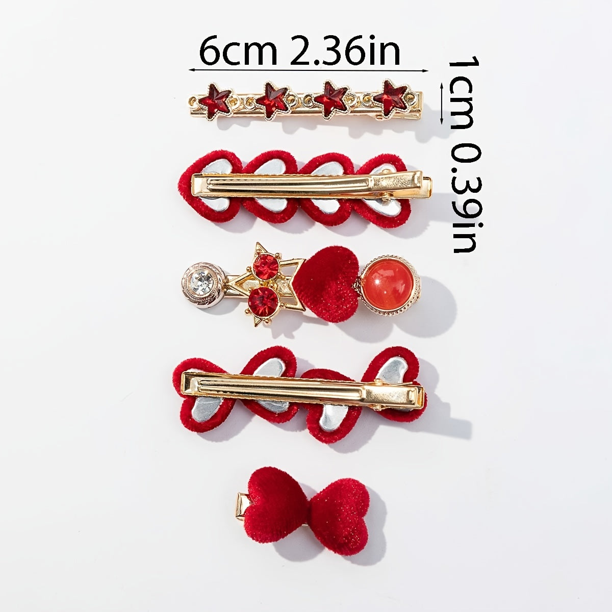 5pcs Red Rhinestone Velvet Love Hairclip Set